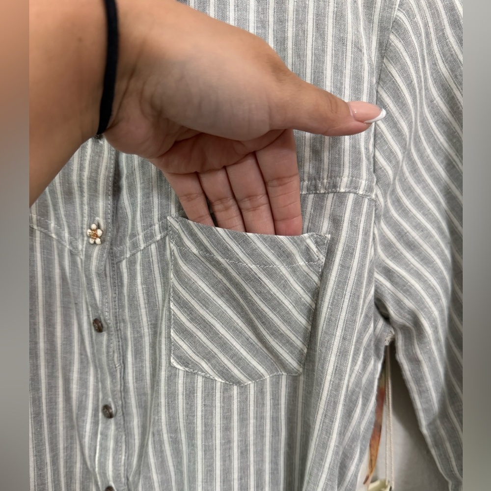 Aratta Silent Journey Striped Gray Dress with Leaf Accents - Picture 5 of 11